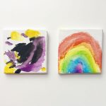 See a world of wonder through the eyes of a young artist. These 2” original art canvas boards have been lovingly painted and titled by budding artists aged 2-5.